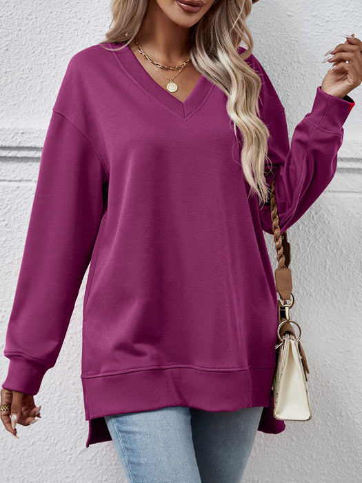 Color-Purple-Autumn Winter Women Clothing Sweater Solid Color V Neck Split Front Short Back Long Blouse-Fancey Boutique