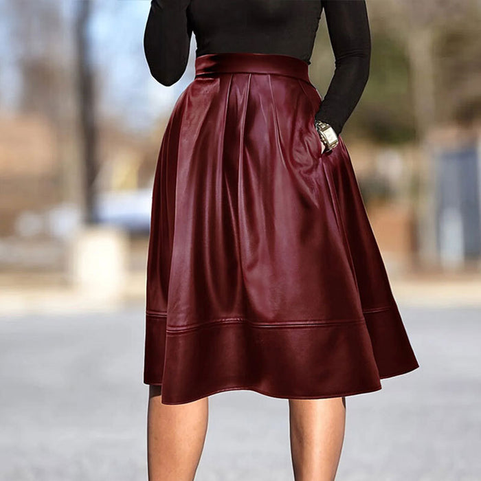 Spring Summer Faux Leather Skirt Hem Pleated Elegant Sexy Leather Skirt A Line Skirt-Fancey Boutique