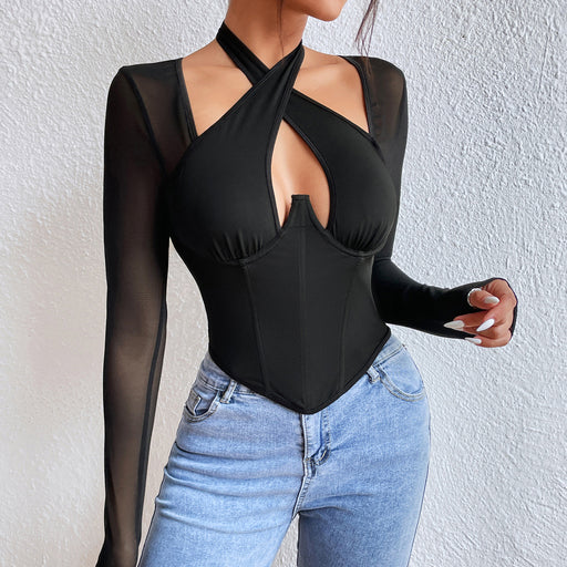 Color-Black-Sexy Cross Halterneck Low Cut See through Long Sleeved T shirt Steel Ring Boning Corset Waist Top-Fancey Boutique