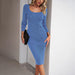 Color-Blue-Square Collar Woolen Dress Autumn Winter Elegant Sheath Dress-Fancey Boutique