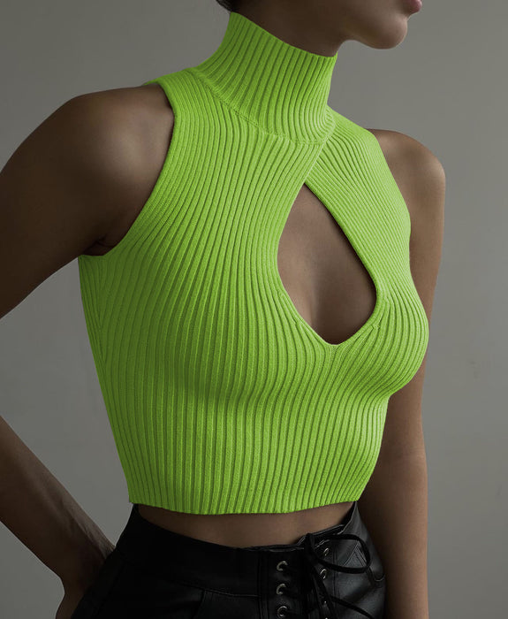 Color-Green-Spring Summer Best Women Clothes Sleeveless Cutout Slim Woolen Vest-Fancey Boutique