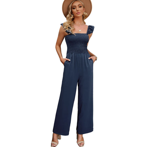 Color-Dark Blue-Summer Solid Color Pocket Casual Loose Wide Leg Jumpsuit-Fancey Boutique