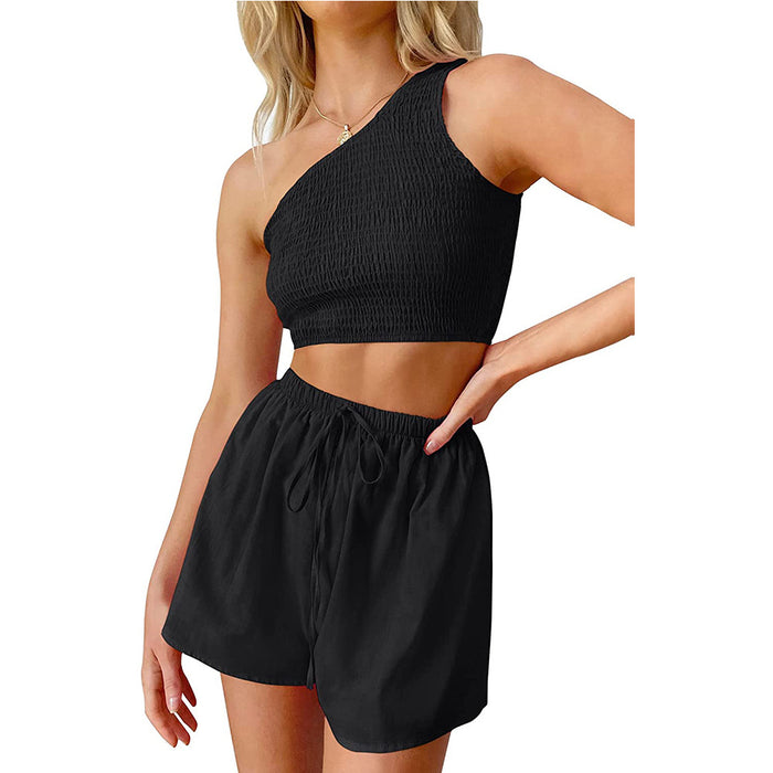 Color-Black-Women One Shoulder Pleated Cropped Top Shorts Beach Two Piece Suit-Fancey Boutique