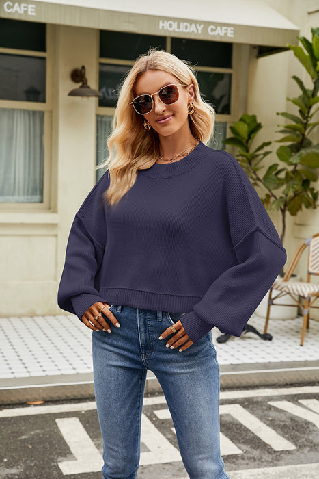 Color-Dark Blue Cropped Pullover Sweater-Women Clothing Autumn Winter Loose Cropped Pullover Sweater Long Sleeve round Neck Sweater-Fancey Boutique