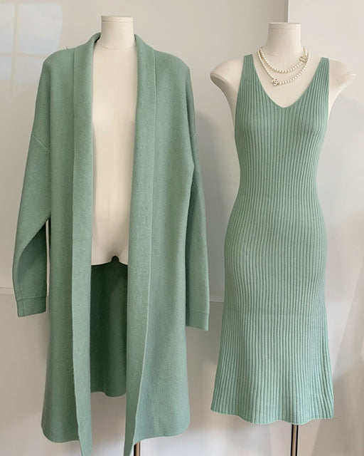 Autumn Winter Knitting Suit Women Elegant Vest Dress Long Cardigan Coat-Green-Fancey Boutique