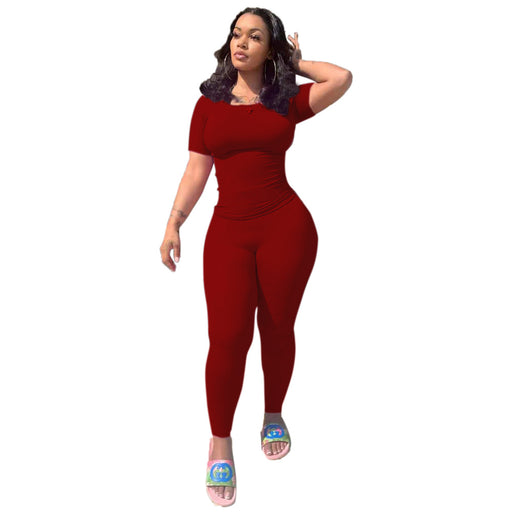 Color-Burgundy-Women Clothing Sexy Casual Super Elastic Rib Tight Sports Two-Piece Set-Fancey Boutique