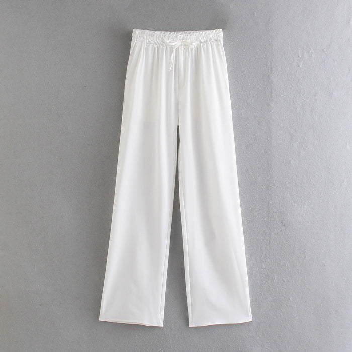 Color-White-Elastic High Waist Casual Pants Waist Belt Elastic Idle Wide Leg Pants-Fancey Boutique