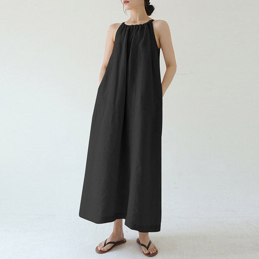 Color-Black-Cotton Linen Dress off Shoulder Halter French Loose Niche Mid Length Pure Linen Cotton Camisole Dress-Fancey Boutique