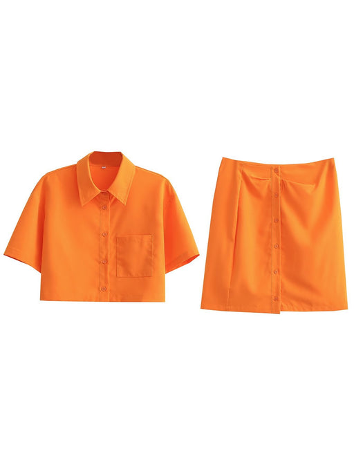 Color-Orange-Women Spring Summer Short Sleeve Shirt Skirt Set-Fancey Boutique
