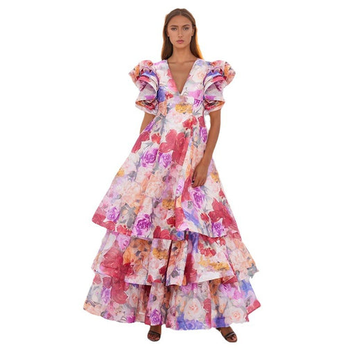 Summer V neck Heavy Industry Printing Cake Multi Layer Maxi Dress-Multi-Fancey Boutique