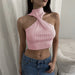 Spring Summer Best Women Clothes Chest Cross off Shoulder Woolen Solid Color Vest Top-Pink-Fancey Boutique