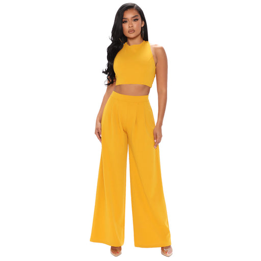 Color-Yellow-Cropped Tank Top Straight Flare Pants Casual Sports Two Piece Set-Fancey Boutique