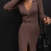 Split Strap Thread Knitted Dress Mid Length Autumn Winter Polo Collar Long Sleeve Sexy Tight Dress-Fancey Boutique