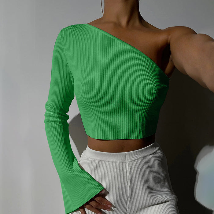 Color-Green-Autumn Winter Sexy Slim Fit Backless Y2g Sexy Top One Shoulder Long Sleeve Short Top-Fancey Boutique