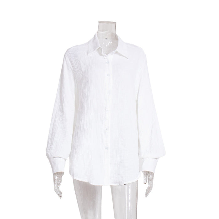 Pure Cotton Crepe Shirt Comfort Loose Elegant Polo Shirt in Spring-Fancey Boutique