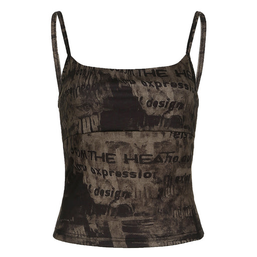 Street Retro Distressed Letter Graphic Graffiti Printing Camisole Sexy Basic Slimming Top-Brown-Fancey Boutique