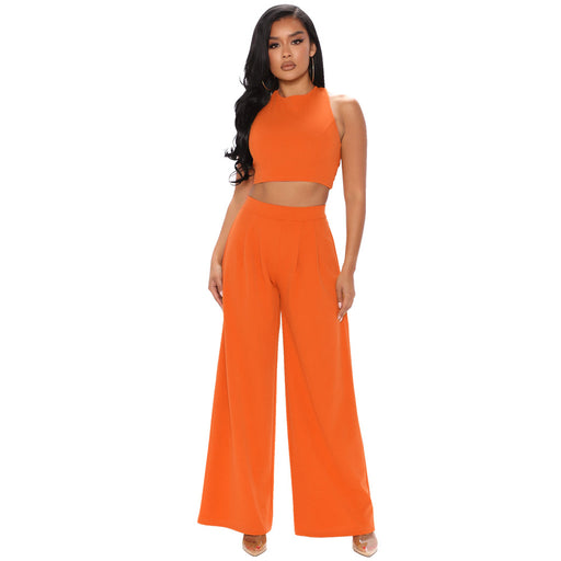 Color-Orange-Cropped Tank Top Straight Flare Pants Casual Sports Two Piece Set-Fancey Boutique