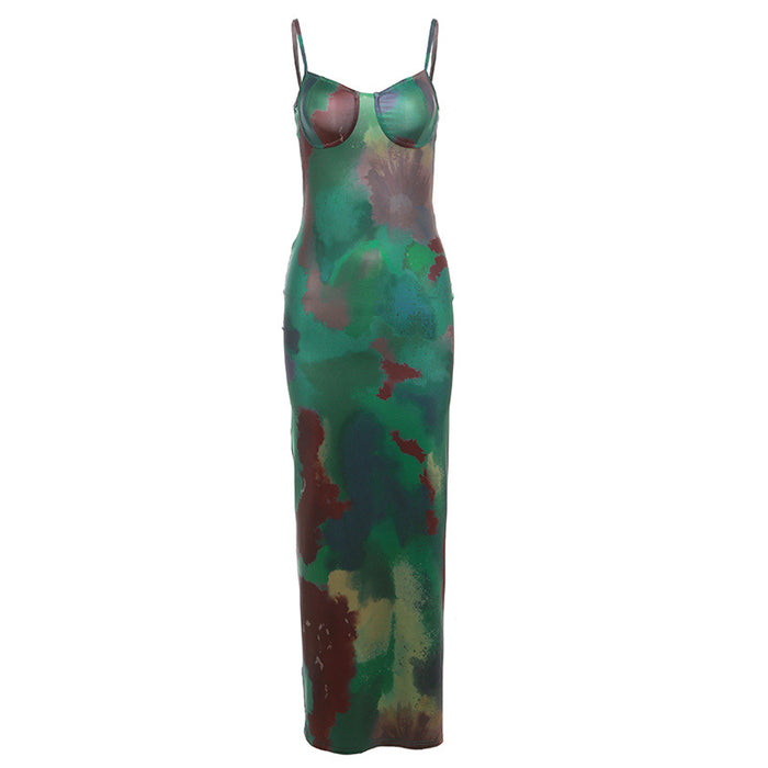 Color-Green-Autumn Winter Women Sexy Strap Backless Slim Fit Retro Printed Dress for Women-Fancey Boutique