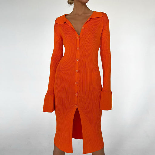 Split Collared Button Long Sleeve Sweater Dress Mid Length Solid Color Rib Fabric Single Breasted Autumn Winter Knitting Dress-Orange-Fancey Boutique