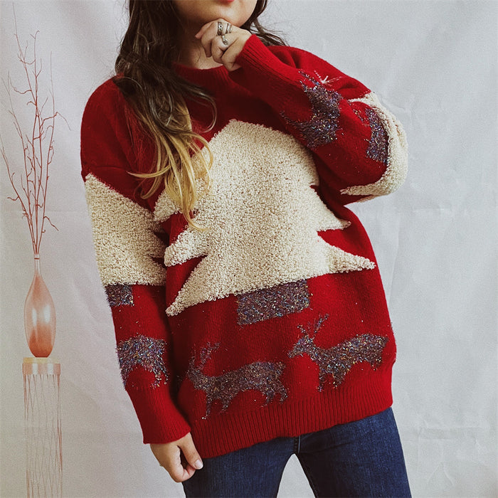Color-Red-Christmas Tree Jacquard Gold Thread Knitted Round Neck Long Sleeve Loose Pullover Thickened Christmas Sweater for Women-Fancey Boutique