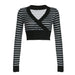 Street Striped Printed Deep V Plunge neck Cross Stitching Long Sleeves Cropped T shirt Sexy Waist Trimming Sweater-Black-Fancey Boutique