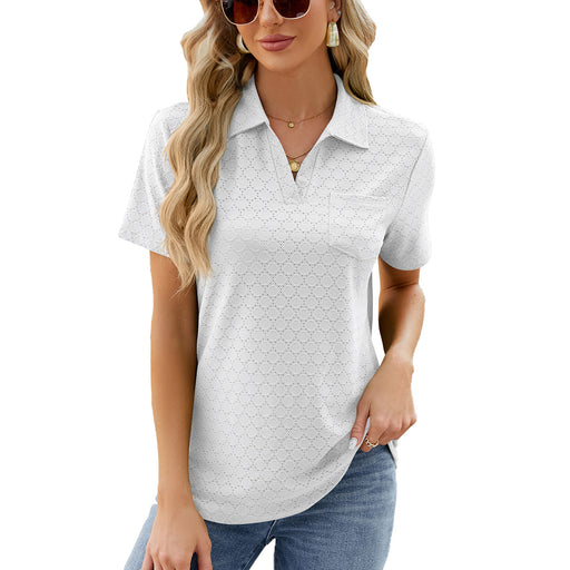 Color-White-Spring Summer Solid Color Polo Collar Pocket Short Sleeve T shirt Loose Top for Women-Fancey Boutique