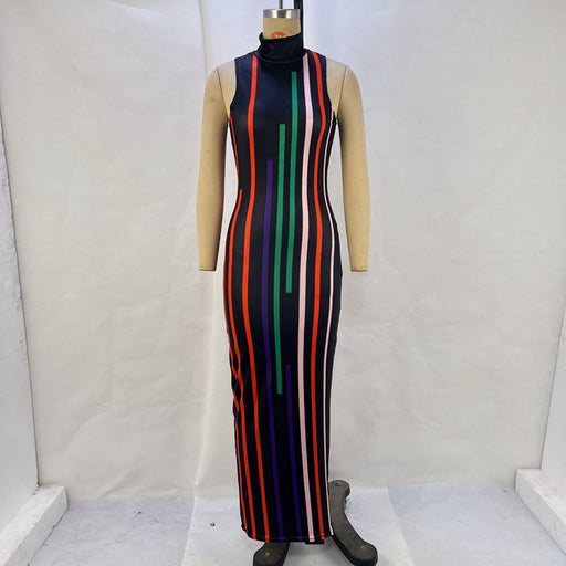 Color-Black-Autumn Winter Sunken Stripe Turtleneck Sleeveless Waist Tight Hip Slim Slimming Dress-Fancey Boutique