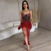 Color-Red-Strap Solid Color Rhinestone Mesh Irregular Asymmetric Perspective Sexy Sheath Dress Women-Fancey Boutique