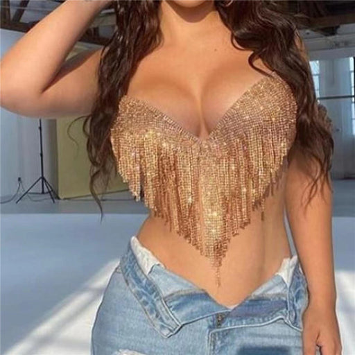 Color-Gold-Women Clothing Sexy Full Rhinestone Hanky Hem Tassel Exposed Cropped Deep V Plunge Vest Camisole Cropped Outfit Top-Fancey Boutique