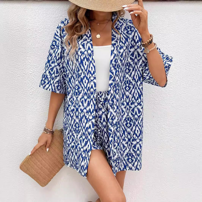 Summer Two Piece Suit Women Trendy All Match Loose Printed Cardigan Casual Suit Women-Blue-Fancey Boutique