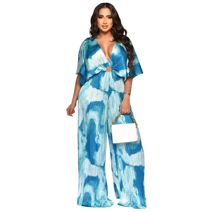 Women V Neck Pleated Popular Printed Casual Jumpsuit Women-Blue Tie-Dye-Fancey Boutique