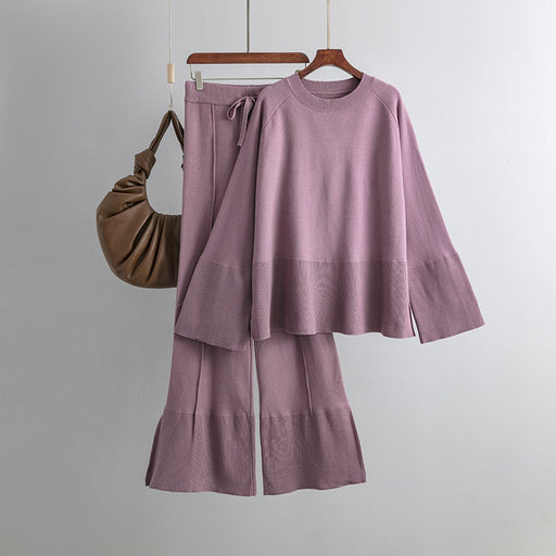 Color-Purple-Loose Knitting Suit Autumn Winter Flared Sleeves round Neck Slit Loose Suit-Fancey Boutique