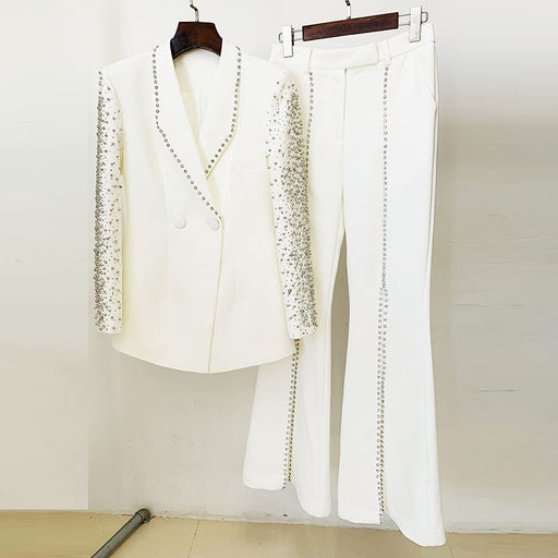 Heavy Industry Beads Diamond Blazer Split Trousers Suit Two Piece Suit-White-Fancey Boutique