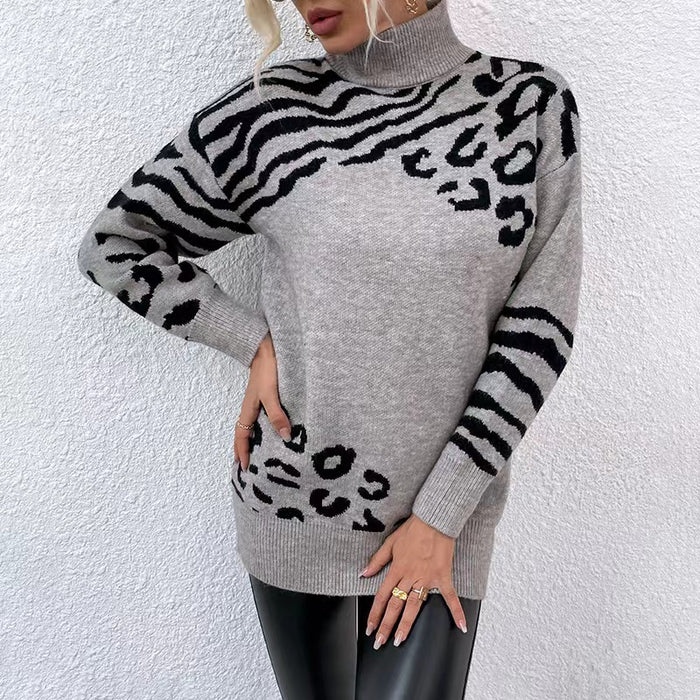 Color-Gray-Women Clothing Autumn Winter Turtleneck Leopard Sweater Women Dress Sweater-Fancey Boutique