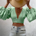 Color-Green-Autumn New Women Clothing Solid Color Sexy Long Sleeve Deep V Plunge Plunge Women Cropped Top-Fancey Boutique