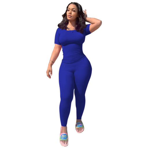 Color-royal blue-Women Clothing Sexy Casual Super Elastic Rib Tight Sports Two-Piece Set-Fancey Boutique