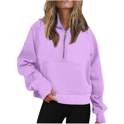 Color-Magenta-Autumn Winter Women Scuba Sports Half Zipper Yoga Clothes Loose Short Hood Fleece Lined Sweater Sweater-Fancey Boutique