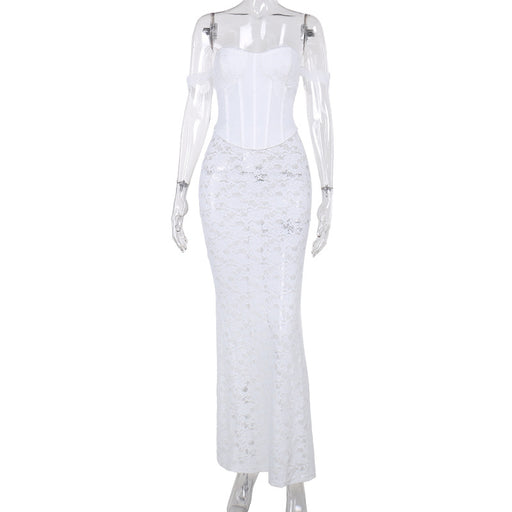 Color-White-Autumn Elegant Slim Lace Cinched Waist Waistcoat Sexy Embossed Mid Length Skirt Set Women-Fancey Boutique