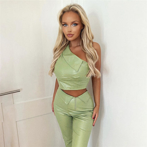 Color-Light Green-Women Clothing Summer Diagonal Collar Shoulder Vest High Waist Hip Straight Leg Trousers Set Faux Leather Women-Fancey Boutique