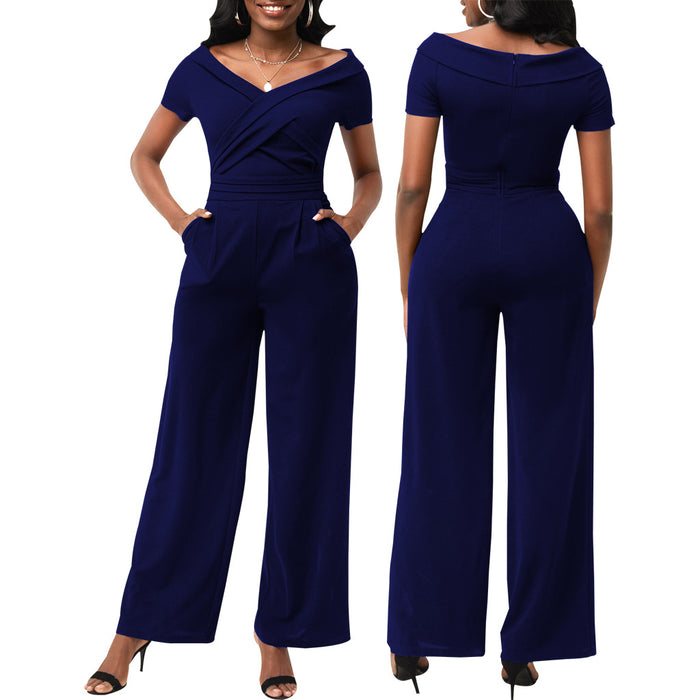 Color-Navy Blue-Masson Sexy Solid Color Short Sleeve V-neck Women Jumpsuit-Fancey Boutique