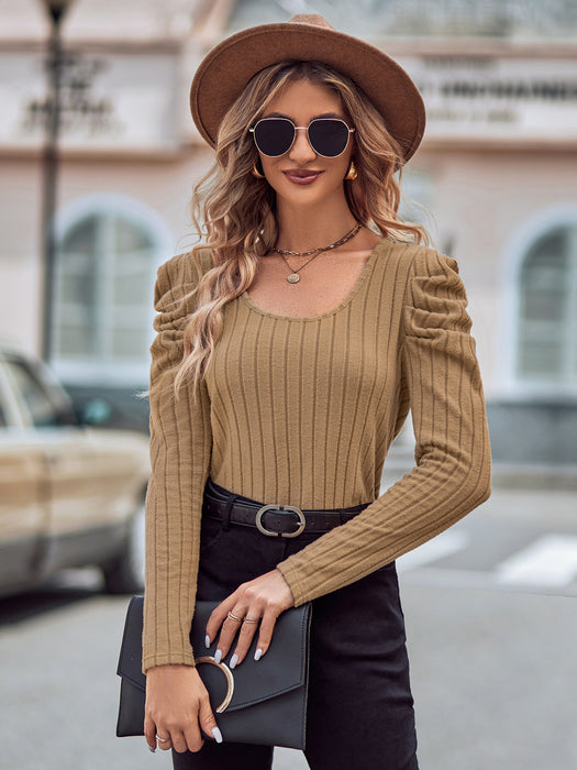 Color-Brown-Fall Winter Models Women Clothing Casual Square Collar Slimming Long Sleeve Knitted Top-Fancey Boutique