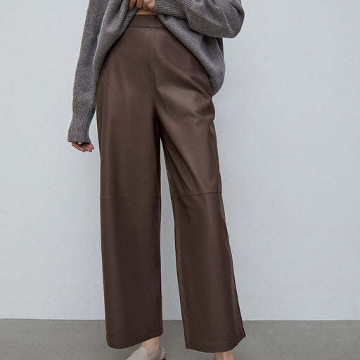 Color-Brown-Brown Leather Straight Leg Pants High Waist Casual Leather Pants Autumn Winter Pants Office Trousers for Women-Fancey Boutique