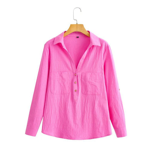 Color-Pink-Summer New Three-Color Slub Cotton Long-Sleeved Shirt Mid-Length Pullover Top-Fancey Boutique