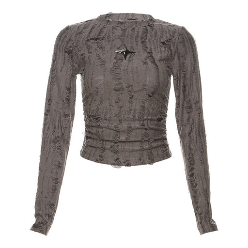 Color-Gray-Fall Women Clothing Trendy Ripped Slim Fit Cropped round Neck Knitted Long Sleeve T shirt-Fancey Boutique