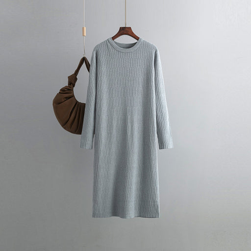 Color-Gray-Women Long Sleeved Knitted Dress Autumn Winter Round Neck Loose Mid Length Sweater Match with Coat Bottoming-Fancey Boutique