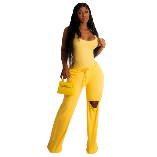 Color-Yellow-Women Clothing Solid Color U Collar Jumpsuit Ripped Wide Leg Pants Suit-Fancey Boutique