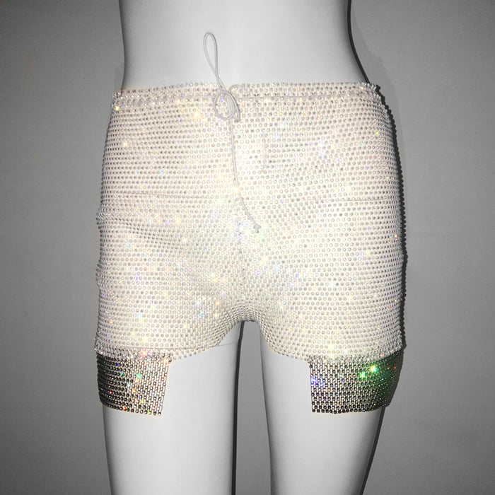 Color-White-Drawstring High Waist Super Short Shorts Sexy Casual All Matching Pants Rhinestone Fishnet Shorts-Fancey Boutique