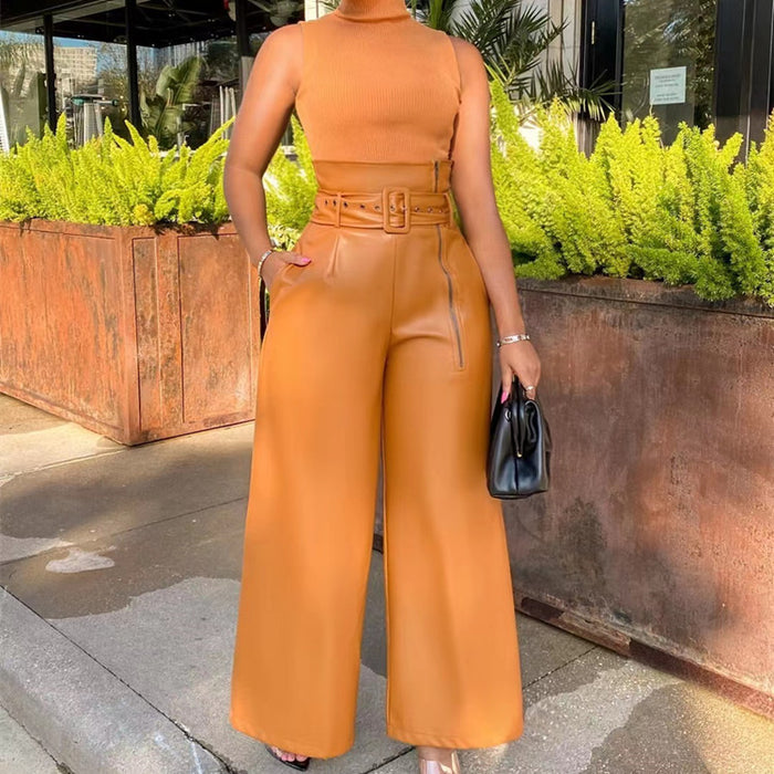 Color-Yellow-Women Clothing High Waist Pants Faux Leather Pants Nightclub Metal Belt Wide Leg Pants-Fancey Boutique