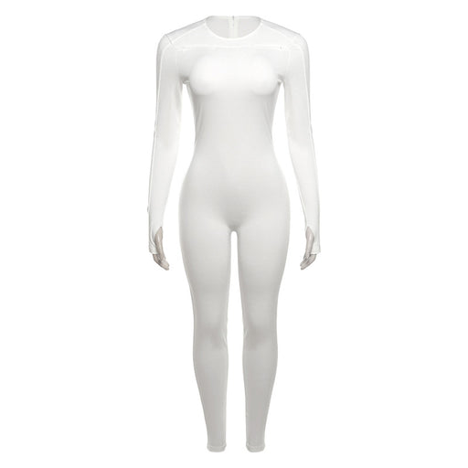 Color-White-Autumn Winter Women round Neck Long Sleeve Sexy Slim Fit Zipper Solid Color Jumpsuit-Fancey Boutique