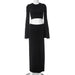Color-Black-Women Clothing Autumn Winter Solid Color Short Top Split Skirt Set-Fancey Boutique